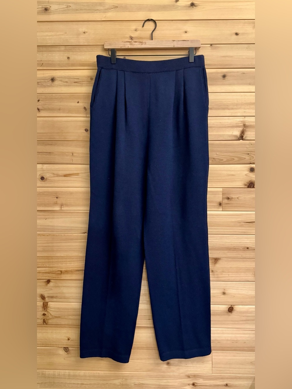 St John Large Navy Blue High Rise Knit Pull On Trousers Career Office Designer